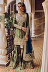 Buy_LASHKARAA_Green Satin Embroidery Zari Boat Neck And Flower Cluster Kurta Gharara Set_Online_at_Aza_Fashions