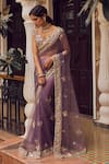 LASHKARAA_Purple Satin Embroidery Zari V Neck Flower Vine Pre-draped Saree With Blouse _Online_at_Aza_Fashions