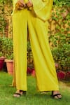 Shop_Omana By Ranjana Bothra_Yellow Satin V-neck Cowl Sleeve Peplum Top And Trouser Set _Online_at_Aza_Fashions