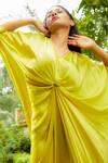 Omana By Ranjana Bothra_Yellow Satin Sequins V-neck Knotty Draped Kaftan _Online_at_Aza_Fashions