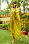 Buy_Omana By Ranjana Bothra_Yellow Satin Sequins V-neck Knotty Draped Kaftan _Online_at_Aza_Fashions