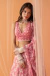 Buy_LASHKARAA_Pink Chanderi Printed Flower V Neck Lehenga Set_Online_at_Aza_Fashions