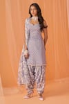 LASHKARAA_Grey Chanderi Printed Floral Sweetheart Neck Straight Kurta Set _Online_at_Aza_Fashions