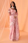 LASHKARAA_Peach Chanderi Printed Floral Square Neck Pre-draped Saree With Blouse_Online_at_Aza_Fashions