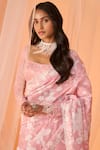 Buy_LASHKARAA_Peach Chanderi Printed Floral Square Neck Pre-draped Saree With Blouse_Online_at_Aza_Fashions