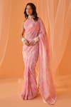LASHKARAA_Pink Chanderi Printed Floral Halter Neck Pre-draped Saree With Blouse_Online_at_Aza_Fashions