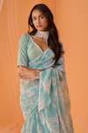 Buy_LASHKARAA_Green Georgette Printed Floral V Neck Chanderi Pre-draped Saree With Blouse_Online_at_Aza_Fashions