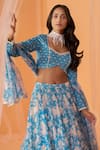 Buy_LASHKARAA_Blue Chanderi Printed Floral V Neck Lehenga Set_Online_at_Aza_Fashions