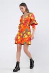 Ekastories_Orange Cotton Printed Coral Cat V Neck Dress _Online_at_Aza_Fashions