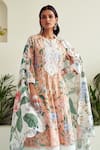 Shop_Sage Saga_Peach Lawn Cotton Printed Floral Round Blossom Panelled Anarkali Palazzo Set _Online_at_Aza_Fashions