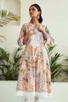 Sage Saga_Peach Lawn Cotton Printed Floral Round Blossom Panelled Anarkali Palazzo Set _at_Aza_Fashions