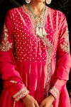 MATSYA_Pink Chanderi Silk Embroidery Aari V Neck Angrakha Anarkali Set _Online_at_Aza_Fashions