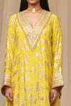 Masaba_Yellow Viscose Crepe Foil Print Camel And Floral Motifs V- Neck Oasis Kaftan _Online_at_Aza_Fashions