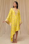 Buy_Masaba_Yellow Viscose Crepe Foil Print Camel And Floral Motifs V- Neck Oasis Kaftan _Online_at_Aza_Fashions