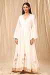 Masaba_Ivory Crepe Foil Print Wine Garden Floral Pattern V- Neck Kurta Dress _Online_at_Aza_Fashions