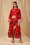 Masaba_Red Raw Silk Printed Spring Blossom Mandarin Collar Culottes Set _Online_at_Aza_Fashions