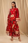 Masaba_Red Raw Silk Printed Spring Blossom Mandarin Collar Culottes Set _at_Aza_Fashions