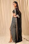 Masaba_Black Raw Silk Embroidered Wall Flower Pattern Striped Draped Skirt Set And Cape _Online_at_Aza_Fashions