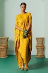Prahnaaya_Yellow Satin Sequins, Applique Boat Neck Hand Block Print Kaftan And Slim Pant Set _Online_at_Aza_Fashions