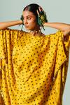 Shop_Prahnaaya_Yellow Satin Sequins, Applique Boat Neck Hand Block Print Kaftan And Slim Pant Set _Online_at_Aza_Fashions