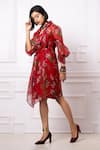 Shop_Megha Garg_Red Organza Printed Floral Collared Neck Jacket And Dress Set _Online_at_Aza_Fashions