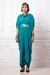 Shop_Megha Garg_Green Embroidery V-neck Printed Drape Kaftan Jumpsuit _Online_at_Aza_Fashions