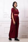 Shop_Megha Garg_Red Sequins V-neck Stripe Print Drape Kaftan Jumpsuit _Online_at_Aza_Fashions
