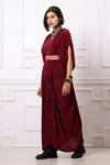 Megha Garg_Red Sequins V-neck Stripe Print Drape Kaftan Jumpsuit _at_Aza_Fashions