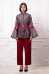 Buy_Megha Garg_Maroon Lycr Organza Stripe Sequin Jacket Mandarin Collar Pattern Pant Set _Online_at_Aza_Fashions