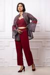 Shop_Megha Garg_Maroon Lycr Organza Stripe Sequin Jacket Mandarin Collar Pattern Pant Set _Online_at_Aza_Fashions