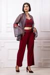 Megha Garg_Maroon Lycr Organza Stripe Sequin Jacket Mandarin Collar Pattern Pant Set _at_Aza_Fashions