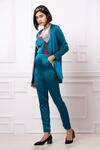 Megha Garg_Blue Satin Embroidery Square , Open Patchwork Top Pant Set _at_Aza_Fashions