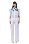 Gaya_White Linen Embroidered Blouson Sleeve Shirt_Online_at_Aza_Fashions