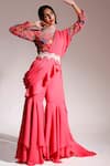 Shop_Nitya Bajaj_Pink Net Ruffle Sharara Printed Blouse Set_Online_at_Aza_Fashions