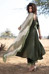 The Home Affair_Green Cotton, Chiffon Lace Round Neck Umbrella Cut Kurta Set With Shaded Dupatta _Online_at_Aza_Fashions