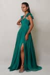 Pinup By Astha_Emerald Green Art Flat Chiffon; Lining: Butter Ruffle Sleeve Gown For Women_Online_at_Aza_Fashions