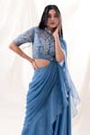 PIRI INDIA_Blue Saree  Georgette Embroidered Ruffled And Pre-draped With Crop Top  _Online