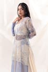 Buy_PIRI INDIA_Blue Jacket  Organza Printed Sequins Square Floral Draped Pant Set  _Online_at_Aza_Fashions