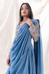 Buy_Piri India_Blue Saree  Dupion Embroidered Border Pre-draped With Blouse  _Online_at_Aza_Fashions
