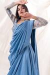 Shop_Piri India_Blue Saree  Dupion Embroidered Border Pre-draped With Blouse  _Online_at_Aza_Fashions