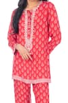 Monisha Jaising_Red Cotton Silk Block Print And Embroidered Damask Kurta & Pant Set  _Online_at_Aza_Fashions