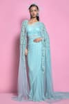 Mala and Kinnary_Blue Saree Net Embroidered Polka Dots Pattern Cape Open Set  _Online_at_Aza_Fashions