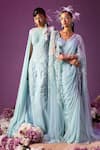 Mala and Kinnary_Blue Saree Net Embroidered Polka Dots Pattern Cape Open Set  _at_Aza_Fashions