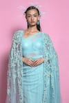 Shop_Mala and Kinnary_Blue Saree Net Embroidered Polka Dots Pattern Cape Open Set  