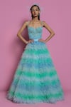 Buy_Mala and Kinnary_Blue Net Embellishment Sequin Sweetheart Neck Ombre Tiered Lehenga And Corset Set _Online_at_Aza_Fashions