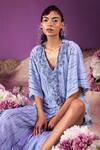 Shop_Mala And Kinnary_Blue Net, Chantilly Sequin, Bead And Cutdana Work Floral Lace Embroidered Kaftan_Online_at_Aza_Fashions