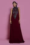 Mala and Kinnary_Maroon Georgette Embroidered Crystal High Neck Beetroot Tent Gown  _Online_at_Aza_Fashions