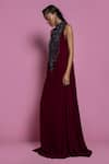 Buy_Mala and Kinnary_Maroon Georgette Embroidered Crystal High Neck Beetroot Tent Gown  _Online_at_Aza_Fashions