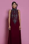 Shop_Mala and Kinnary_Maroon Georgette Embroidered Crystal High Neck Beetroot Tent Gown  _Online_at_Aza_Fashions