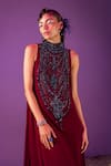 Mala and Kinnary_Maroon Georgette Embroidered Crystal High Neck Beetroot Tent Gown  _at_Aza_Fashions